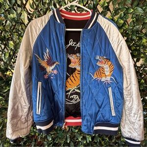 Blue Embroidered Bomber Jacket